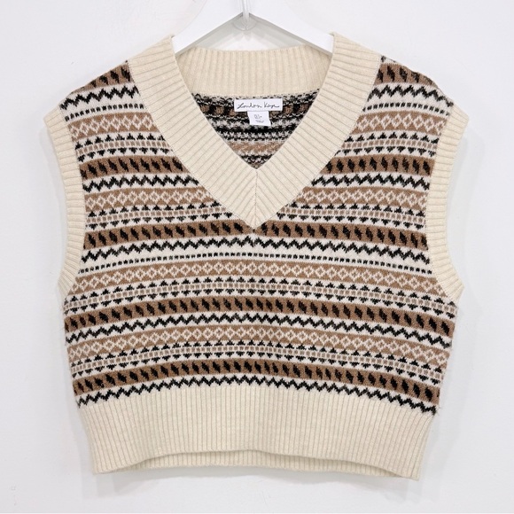 London Kaye Cream Brown Fair Isle Cropped Sweater Vest - Picture 1 of 13